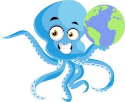 Octopus holding globe, illustration, vector on white background.