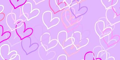 plantilla de vector de color púrpura claro, rosa con corazones de doodle.