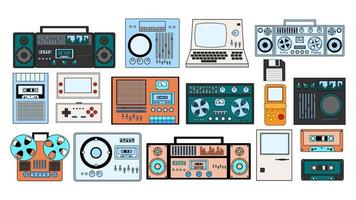 conjunto de viejas grabadoras de cinta de audio, computadora, consolas de juegos para videojuegos de los años 70, 80, 90. ilustración vectorial vector