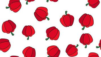 Bell pepper seamless pattern. Whole and sliced red peppers with leaves and flowers on shabby background. Original simple flat illustration. Shabby style vector