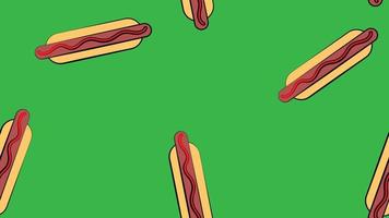 hotdog us green background, vector illustration, pattern. bun with sausage, ketchup. favorite snack. wallpaper for restaurant, cafe, kitchen decor. design of fast food restaurant, roadside cafe