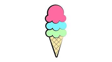 Melting ice cream balls in the waffle cone isolated on white background. Vector flat outline icon. Comic character in cartoon style illustration for t shirt design