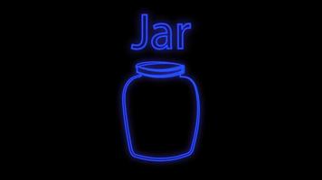 Glowing neon line Pickled cucumbers in a jar icon isolated on brick wall background. Vector