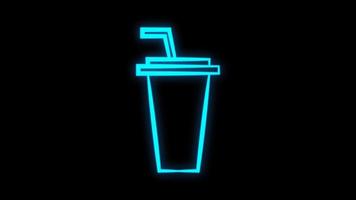 Glowing neon line Paper glass with drinking straw and water icon isolated on brick wall background. Soda drink glass vector