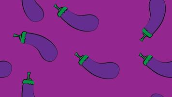 Vector Seamless Pattern of Cartoon Eggplant on Purple Background