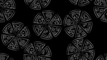 pizza en un fondo negro, ilustración vectorial, patrón en el estilo de dibujo de tiza en blanco y negro. pizza con varios rellenos. patrón sin costuras, fondo, patrón sin fin vector