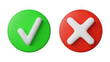 marca de verificación verde y cruz roja 3d. botones de selección realistas vectoriales vector