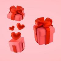 un conjunto de cajas de regalo de san valentín en estilo plástico 3d. elementos decorativos vectoriales para el diseño festivo. una caja con un lazo con una tapa abierta y cerrada y corazones rojos vector