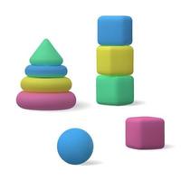 Set of items of children's toys 3D isolated vector. Pyramid and cubes for kids illustration vector