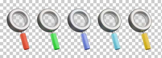 A set of colored magnifying glasses in 3D realistic style. Vector objects for office