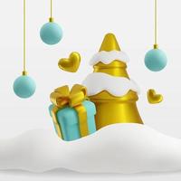 Christmas card with Christmas tree and gifts 3d. Cute vector illustration for new Year's holidays with snow and Christmas toys.