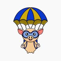 cute parachuting pig mascot illustration vector