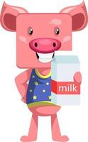 Pig with milk, illustration, vector on white background.