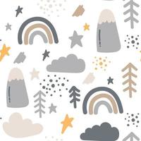 Hand drawn seamless pattern with trees, stars, hearts, clouds and mountains. Creative scandinavian woodland background. Stylish sketch for kids. Cute forest. Vector illustration