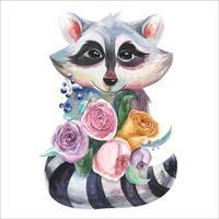 lindo mapache con mascota de personaje de flores. hermoso vivero de animales. rosas, peonías, bayas. acuarela vector