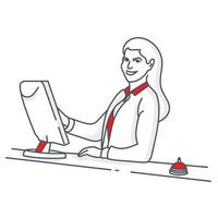 Concierge girl with computer smiling . Hotel administrator woman icon. Line art illustration. vector