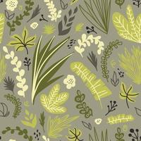 Abstract tropical leaves flowers seamless pattern camouflage color palette modern hand drawn vector