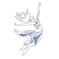 Continuous Line Art Drawing. Ballet Dancer ballerina jumping in beautiful blue dress dream vector