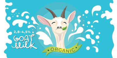 Goat Chewing a leaf on blue backaground, splash of milk as a design element. Dairy farm, organic, natural products. Package design for milk products. vector