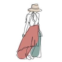 Boho woman abstract outline one line drawing color shapes red green continuous in hat and skirt. vector