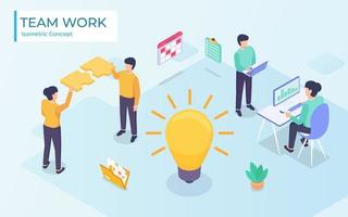 Flat isometric vector business illustration. small people characters develop creative business idea. Isometric big light bulb as metaphor idea. Graphics design for posters and banners, Landing