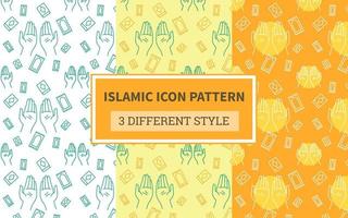 Islamic icon pattern praying hand religion carpet decoration quran with bundling version three different style flat design. vector