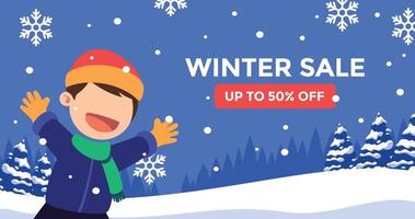 Winter Sale Banner Template With Smiling Kid Illustration vector