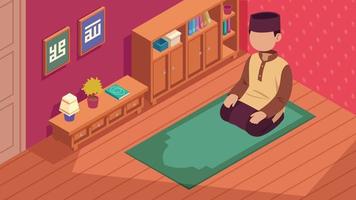 Isometric Young Man Praying In The Room Illustration vector