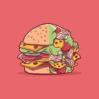 hamburguesa de comida rápida, con varios elementos, ilustración vectorial. comida, concepto de diseño de marca. vector