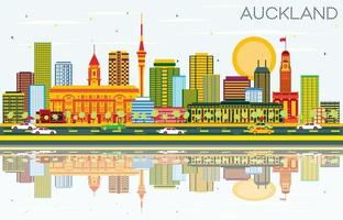 Auckland Skyline with Color Buildings, Blue Sky and Reflections. vector