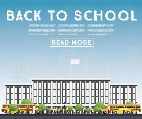 Back to School. Banner with School Bus, Building and Students.