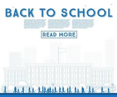 Outline Back to School. Banner with School Bus, Building and Students. vector