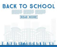 Outline Back to School. Banner with School Bus, Building and Students. vector