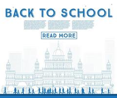 Outline Back to School. Banner with School Bus, Building and Students. vector