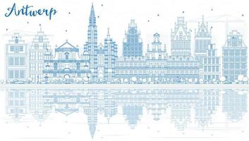 Outline Antwerp Skyline with Blue Buildings and Reflections. vector