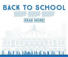 Outline Back to School. Banner with School Bus, Building and Students. vector