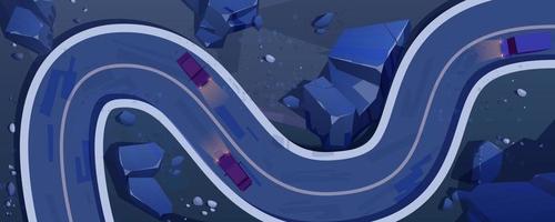 Night road with cars top view, winding highway vector
