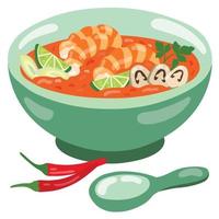 sopa tom yum kung. sopa picante tailandesa. ilustración vectorial dibujada a mano. adecuado para sitio web, pegatinas, menú. vector