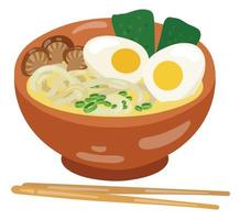 Ramen soup with noodle, boiled eggs and shiitake mushrooms. vector