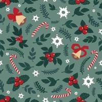 cute drawn christmas elements - fir branches, bells, lollipops, mistletoe, snowflakes, leaves. . vector seamless pattern for wrapping paper, background, fabric. set of objects isolated.