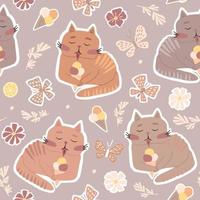 The cat eats ice cream. Cute childish flat illustration in gentle beige tones. Seamless vector pattern for fabrics, wallpapers, wrapping paper.