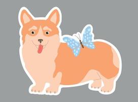 Cute sticker with a corgi and a butterfly. Vector illustration for children.