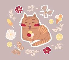 Cute summer sticker, cat eats ice cream. Children's drawing illustration in scandinavian style. vector