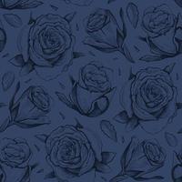 Blue seamless vector pattern of hand drawn roses.