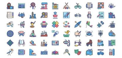 Collection of icons related to Hobby and interests, including icons like Camping, Cycling, Kayaking, Golf and more. vector illustrations, Pixel Perfect set