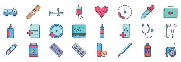 Collection of icons related to Hospital and medical, including icons like Ambulance, Bed, Blood, First aid kit and more. vector illustrations, Pixel Perfect set