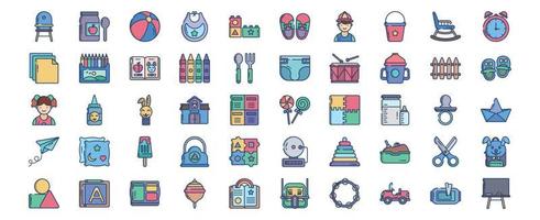 Collection of icons related to Kindergarten School, including icons like Baby Chair, Baby Food, Ball, Bid,  and more. vector illustrations, Pixel Perfect set