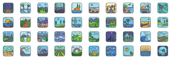 Collection of icons related to Nature Landscape, including icons like River, mountain, tree, sky and more. vector illustrations, Pixel Perfect set