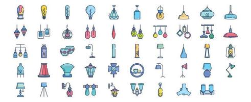 Collection of icons related to Lighting and bulb light, including icons like Bed lamp, Bulb, Decor Light and more. vector illustrations, Pixel Perfect set