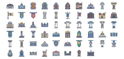 Collection of icons related to Medieval architecture, including icons like Castle, Corinthian pillar, Fort, Palace and more. vector illustrations, Pixel Perfect set